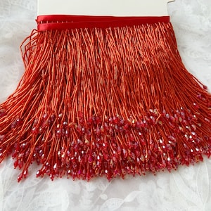 red bead fringe tassel trim for dance costume, haute couture dress trimming, beading fringe