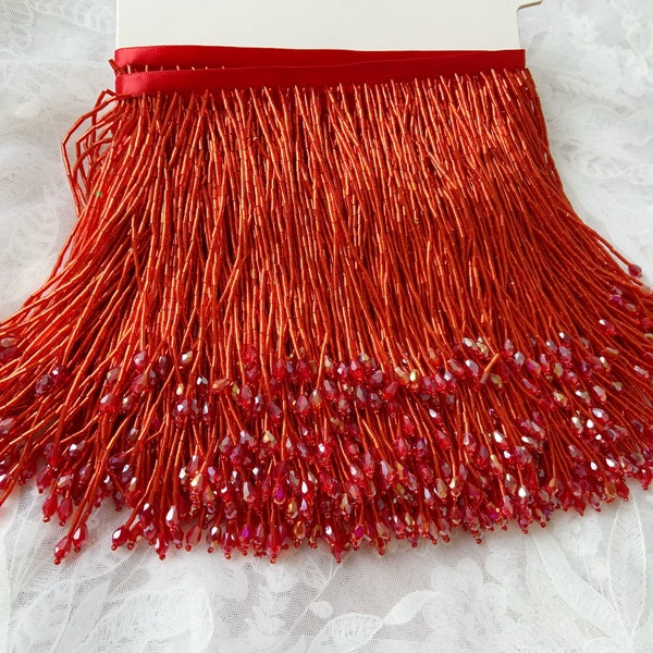 red bead fringe tassel trim for dance costume, haute couture dress trimming, beading fringe