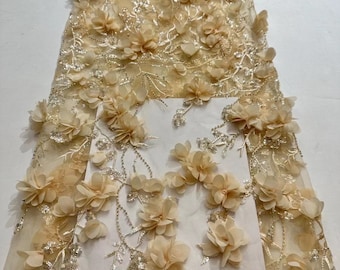 champagne bead fabric with 3d flowers, sequined lace fabric with 3d florals for dress and prom dress