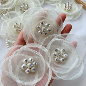 5pcs beige organza florwers appliqué patch, 3D handcrafted floral applique for garment supplies