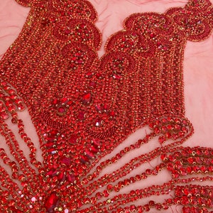 Large red Rhinestone applique boidce, heavy bead handmade rhinestone appliqués for couture dress costume