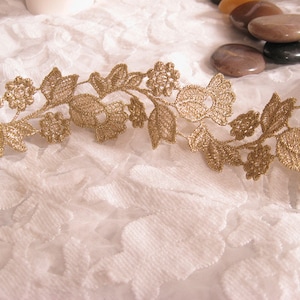 Gold bridal lace trim, guipure lace trim, ,metallic gold lace trim with leaves and flowers
