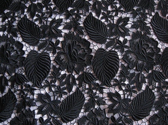 Black Lace Fabric, Crocheted Lace Fabric, Guipure Lace Fabric, Lace Fabric  With Floral and Leaves 