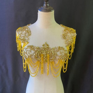 Gold rhinestone applique with chains for costume, body jewelry with fringe, shoulder necklace for couture and dance costume