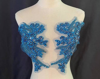 Teal blue crystal bead motif applique for dance costume, rhinestone bodice for wedding dress, ball gown