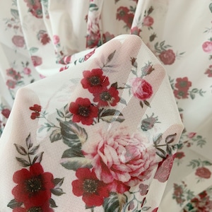 4 way stretch power mesh fabric with roses and flowers, ivory elastic tulle fabric, elastic mesh fabric