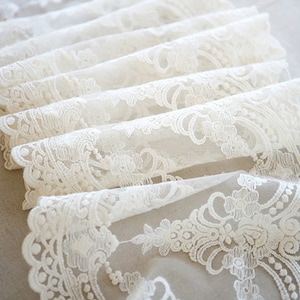 ivory lace fabric, retro embroidered lace fabric, retro bridal lace, vintage lace fabric, scalloped lace