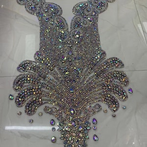 sparkle iridescent Rhinestone applique boidce, heavy bead handmade rhinestone appliqués for couture dress costume