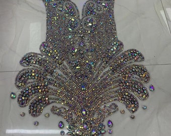 sparkle iridescent Rhinestone applique boidce, heavy bead handmade rhinestone appliqués for couture dress costume