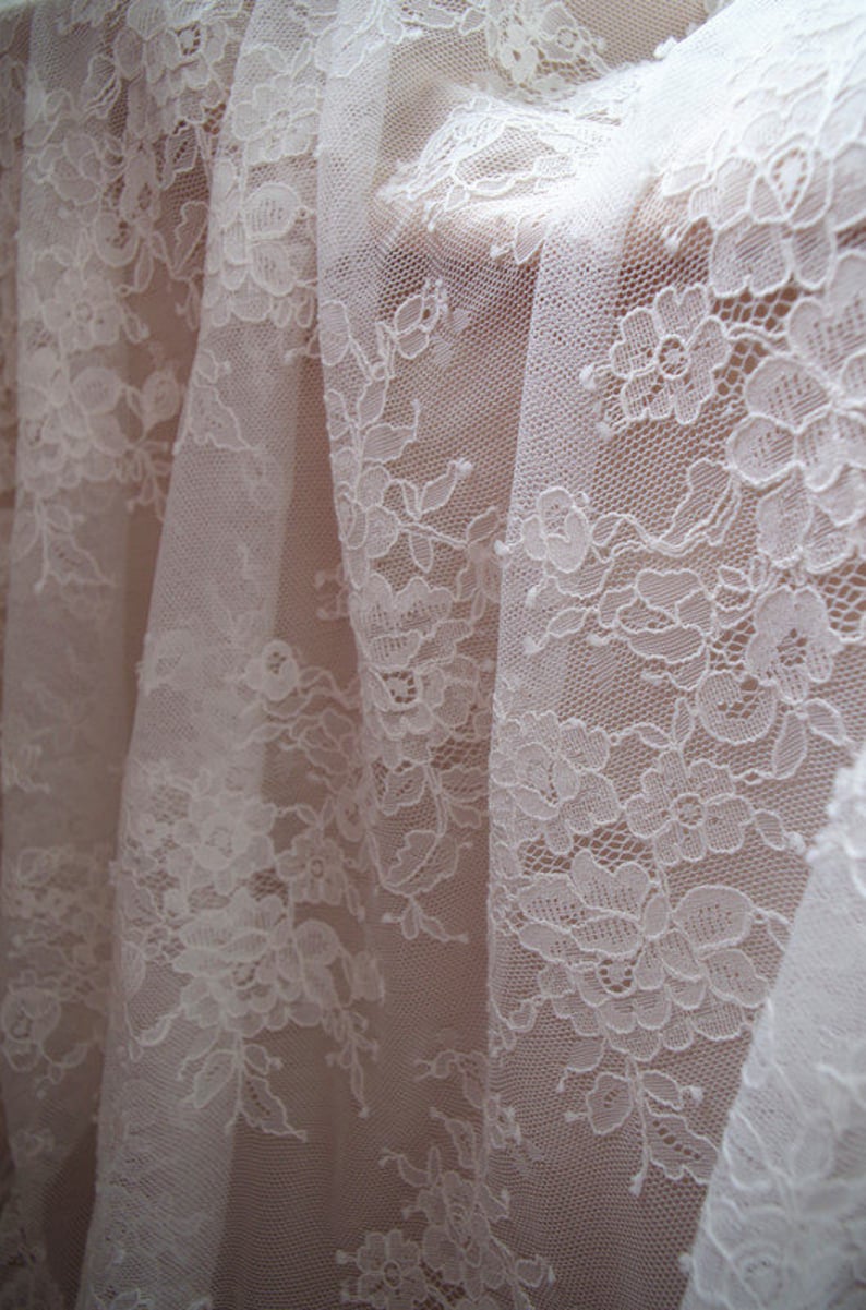 ivory chantilly lace fabric, bridal lace fabric with florals, French lace fabric by the yard image 3