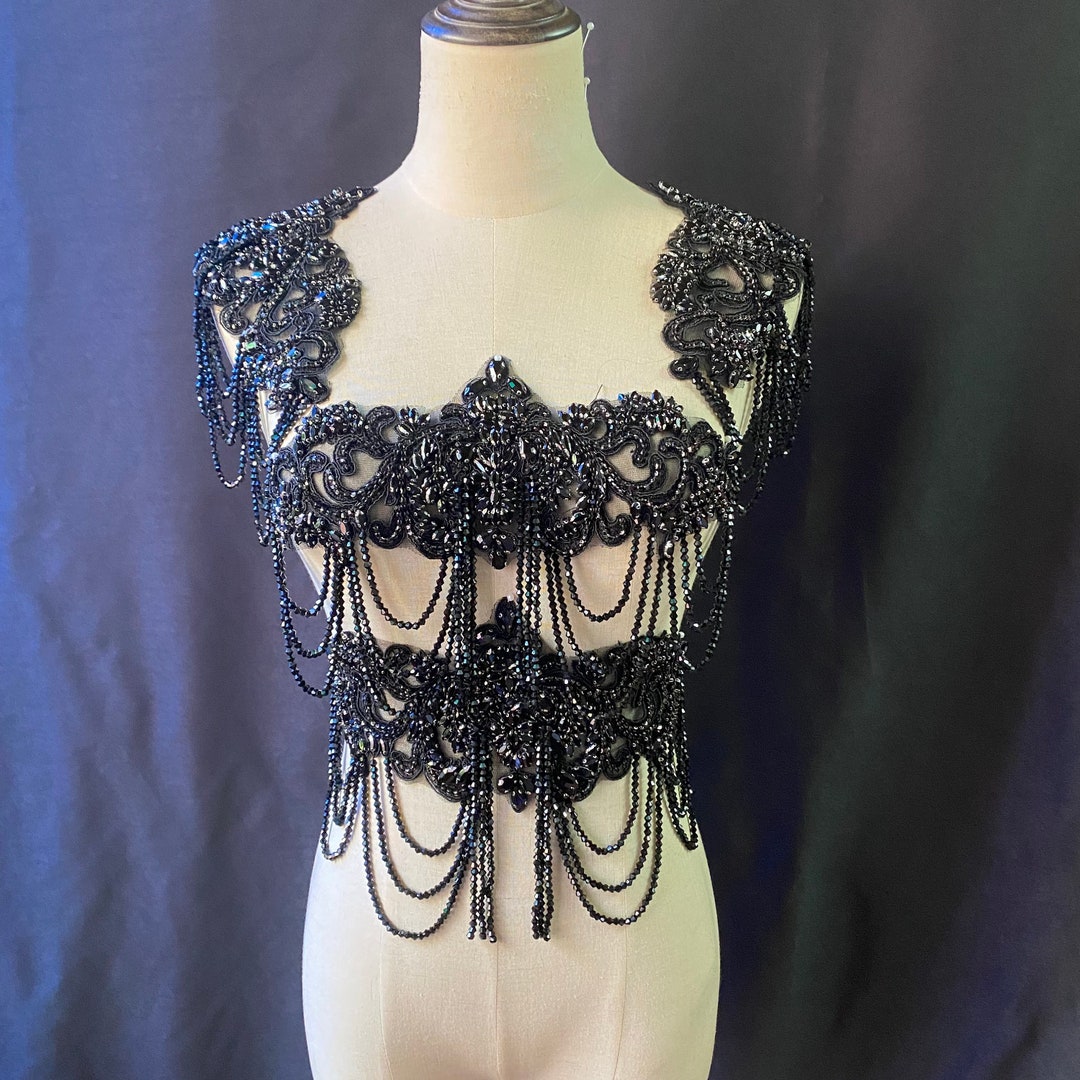 Black Rhinestone Applique With Chains for Costume, Body Jewelry With