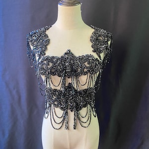 Black rhinestone applique with chains for costume, body jewelry with fringe, shoulder necklace for couture and dance costume