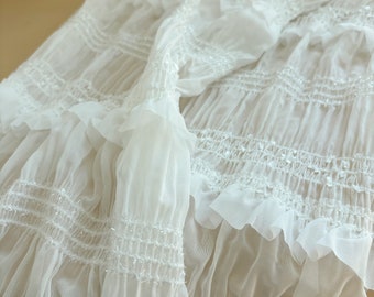 Off white creased chiffon fabric for skirt, puffy ruffled chiffon fabric for cake dress