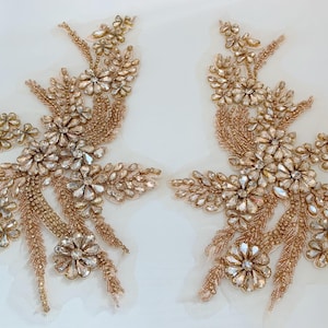Champagne gold appliqué by pair , rhinestone florals patch for dance costume, rhinestone bodice for wedding dress, ball gown