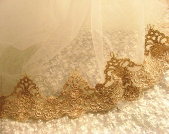 gold Lace Trim, embroidered gauze lace, retro golden lace fabric, vintage trim lace