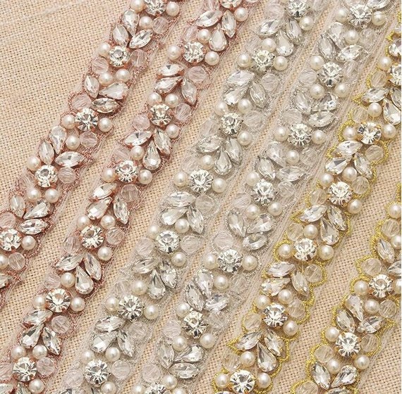 New Crystal Beaded Trim, Rhinestone Mesh Lace Fabric Trim, Beading Trim for  Bridal Sash, Wedding Belt 