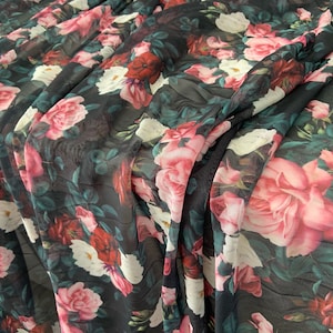4 way power mesh fabric with printed white roses and red roses, stretch tulle fabric, elastic tulle fabric, super smooth, well drape