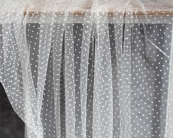 Off white tulle Lace fabric with velvet  polka  dot