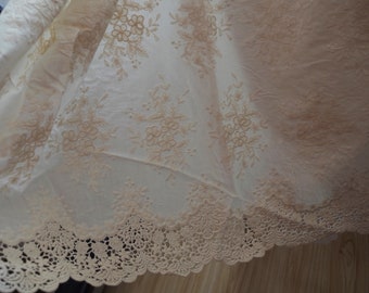 Cream cotton lace fabric, cotton eyelet lace fabric with double scallops, embroidered selvedges