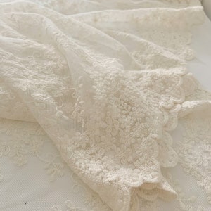 ivory lace fabric, soft embroidered tulle lace fabric with all elegant flowers, retro scalloped trim lace, vintage lace fabric for dress