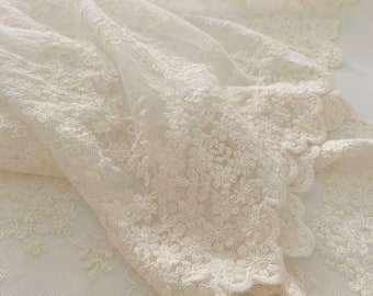 ivory lace fabric, soft embroidered tulle lace fabric with all elegant flowers, retro scalloped trim lace, vintage lace fabric for dress