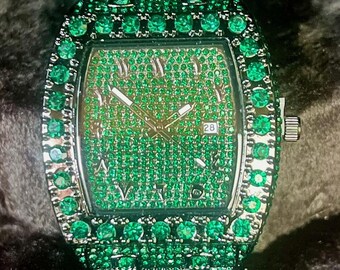 Miss Fox Green Rhinestone Tonneau Shape Uni-sex Fashion Watch - Sparkle & Style