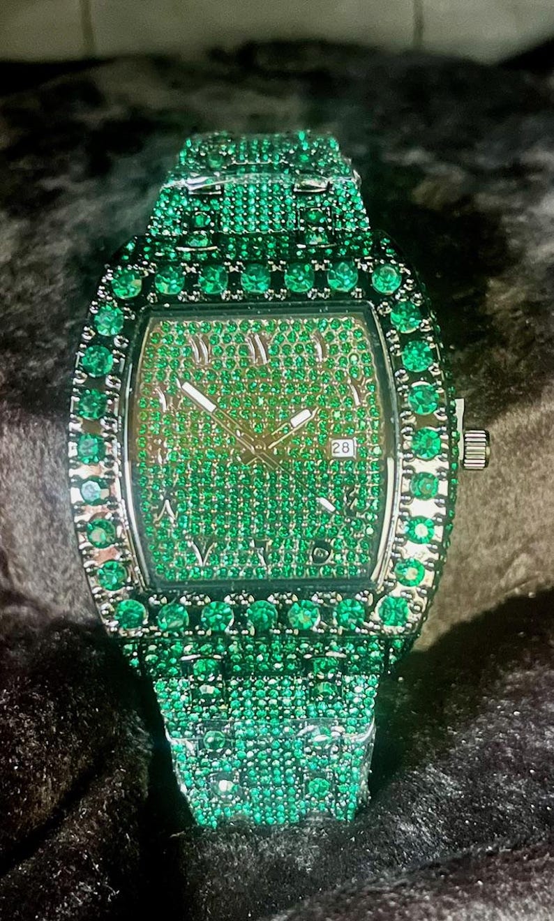 Miss Fox Green Rhinestone Tonneau Shape Uni-sex Fashion Watch - Sparkle & Style image 1