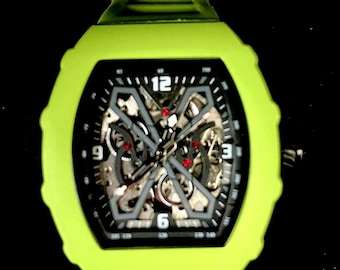 Relógio esportivo automático ONOLA verde limão, mostrador esqueleto, pulseira de silicone, masculino, mecânico.