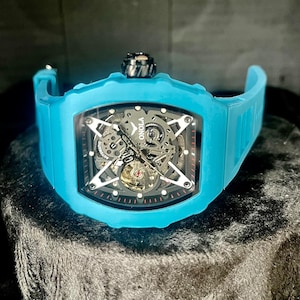 ONOLA Automatic Sports Luxury Watch Light Blue, Skeleton Dial, Silicone Strap, Mens Mechanical image 1