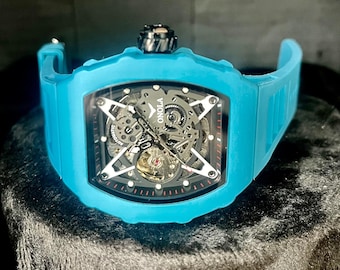 ONOLA Automatic Sports Luxury Watch Light Blue, Skeleton Dial, Silicone Strap, Mens Mechanical