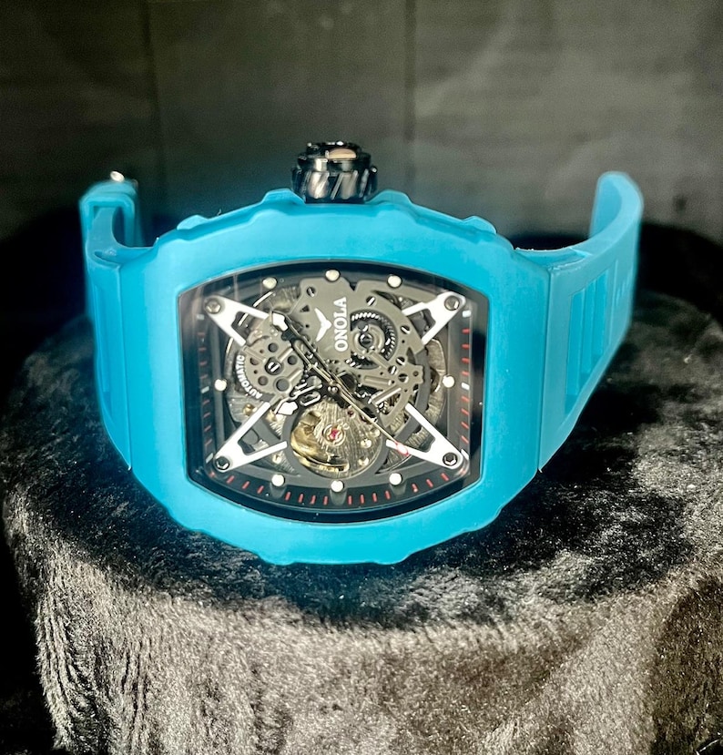 ONOLA Automatic Sports Luxury Watch Light Blue, Skeleton Dial, Silicone Strap, Mens Mechanical image 1