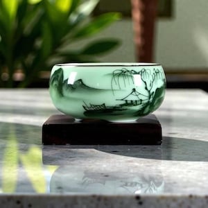Taza de té de celadón pintada a mano, cerámica de gongfu chino, diseño de loto koi