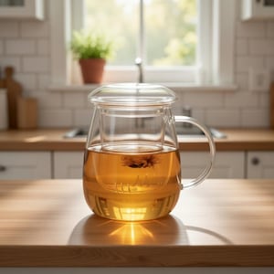 Op de afbeelding: Een heldere glazen theepot met een ingebouwde infuser, gevuld met amberkleurige thee. De theepot heeft een handvat en een deksel. De thee wordt verlicht door zonlicht, waardoor een warme gloed ontstaat. De theepot staat op een houten oppervlak.