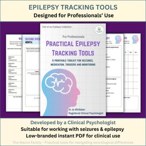 May include: A printable toolkit for seizures, medication, triggers, and monitoring. The cover features the title "Practical Epilepsy Tracking Tools" with a brain graphic. Designed for professionals' use, developed by a clinical psychologist.