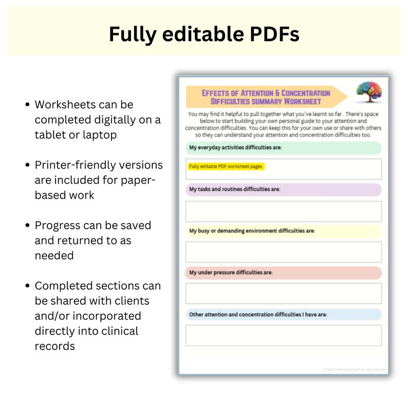 Pu&ograve; includere: Un modello di foglio di lavoro digitale intitolato "Effetti dell'attenzione e delle difficolt&agrave; di concentrazione - Foglio di lavoro riepilogativo". Il foglio di lavoro include sezioni compilabili per le attivit&agrave; quotidiane, i compiti, le routine e le difficolt&agrave; ambientali.