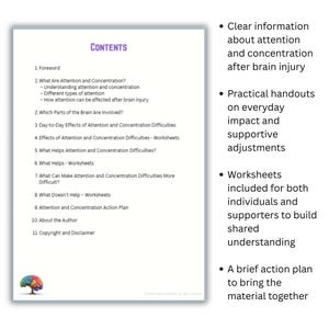 Pu&ograve; includere: Un documento bianco con il titolo "CONTENTS" in viola. Elenca argomenti su attenzione e concentrazione dopo lesioni cerebrali, inclusi fogli di lavoro e un piano d'azione. I punti elenco a destra riassumono le caratteristiche principali.