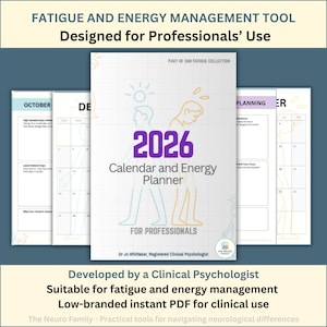 Könnte beinhalten: Ein 2026 Kalender- und Energieplaner für Fachleute. Das Cover zeigt den Text "2026 Calendar and Energy Planner" mit einer Grafik von zwei Figuren. Der Planer eignet sich für das Ermüdungs- und Energiemanagement.
