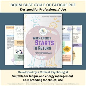 May include: A PDF titled "When Energy Starts to Return for Professionals" with a purple and white cover. The image includes the text "Boom-Bust Cycle of Fatigue PDF" and "Designed for Professionals' Use". Additional pages are visible.