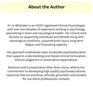 Pu&ograve; includere: Grafica giallo chiaro con il testo "About the Author". Il testo descrive la Dr.ssa Jo Whittaker, psicologa clinica specializzata in salute cerebrale e neurologica, e il suo approccio alla psicoeducazione.