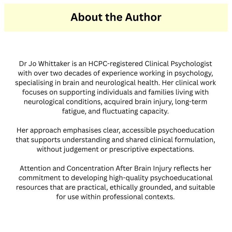 Pu&ograve; includere: Grafica giallo chiaro con il testo "About the Author". Il testo descrive la Dr.ssa Jo Whittaker, psicologa clinica specializzata in salute cerebrale e neurologica, e il suo approccio alla psicoeducazione.