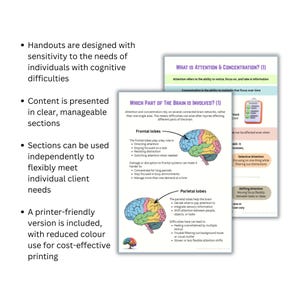 Pu&ograve; includere: Dispense didattiche su attenzione e concentrazione, con diagrammi del cervello e testo che spiega i lobi frontali e parietali. Le dispense sono progettate per individui con difficolt&agrave; cognitive e sono adatte alla stampa.