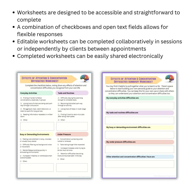 Pu&ograve; includere: Vengono mostrati due fogli di lavoro con il titolo "Effetti dell'attenzione e delle difficolt&agrave; di concentrazione". Il primo foglio di lavoro &egrave; un elenco di controllo con sezioni per le attivit&agrave; quotidiane, i compiti, le routine, gli ambienti affollati e sotto pressione. Il secondo &egrave; un riepilogo.