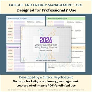 Op de afbeelding: Een digitale 2026 wekelijkse kalender en 7-daagse energieplanner ontworpen voor professionals. De PDF bevat secties voor vermoeidheid en energiebeheer. Ontwikkeld door een klinisch psycholoog. De tekst bevat "FATIGUE AND ENERGY MANAGEMENT TOOL" en "Designed for Professionals' Use."