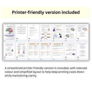 Pu&ograve; includere: &Egrave; inclusa una versione stampabile di un documento, con colori ridotti e un layout semplificato. Il documento si intitola "Attention & Concentration After Brain Injury". Le pagine contengono diagrammi e testo.