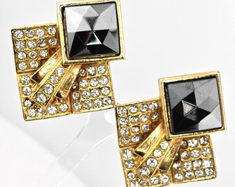 Vintage Art Deco Style Rhinestone Geometric Clip On Earrings
