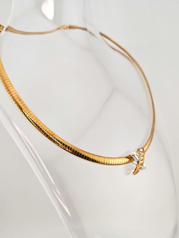 Vintage Avon Gold Tone Omega Snake Chain Choker Rhinestone Slide Necklace Two Tone 1990s View 4