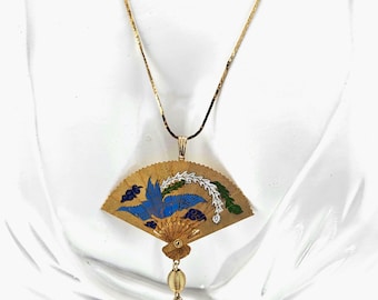 Vintage Asian Fan Pendant Necklace – Gold Tone Enamel Bird – Crane / Phoenix Motif – Tassel Drop – 1980s Statement