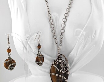 Tiger’s Eye Wire-Wrapped Necklace & Earrings Set