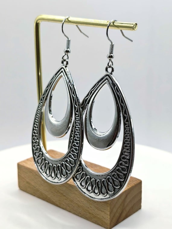 Silver Tone Layered Teardrop Statement Earrings –… - image 1