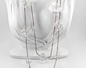 Vintage 14K Gold Plated Clear Lucite Station Necklace Long Faceted Bead Necklace Y2K Runway Glam Jewelry